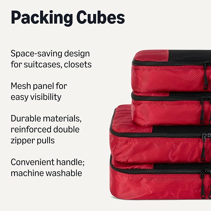 Amazon Essentials 4-Piece Packing Cubes Travel Accessories Set, Luggage Organizer with Double Zipper, Mesh Top, Space-Saving, 2 Medium/2 Large, Red (Previously Amazon Basics)