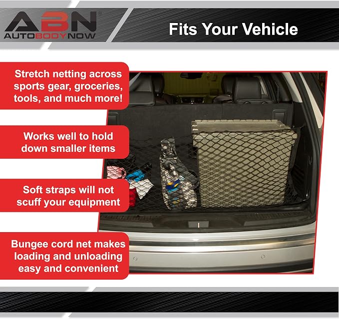 ABN Cargo Net with Fasteners and Hardware, 24 x 45in (Stretches to 60in Long) – Trailer, SUV, Motorcycle, ATV, Roof