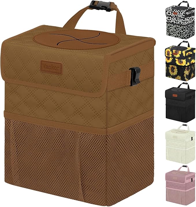 Vankor Car Trash Can for Cute, Bag Bin Hanging Waterproof Automotive Car Garbage Cans Leak Proof Vehicle Trash Can Diamond Pattern-Brown