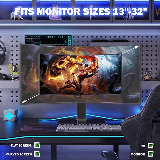 Single LCD Computer Monitor Free-Standing Desk Stand Mount Riser for 13 inch to 32 inch screen with Swivel, Height Adjustable, Rotation, Vesa Base Stand Holds One (1) Screen up to 77Lbs(HT05B-001))