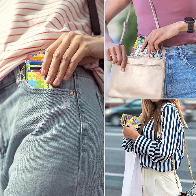 Slim Wallet Credit Card Holder, Jigsaw Puzzle, RFID Wallet Women Cute Small Front Pocket Wallet With Zipper, PU Leather Thin travel RFID Blocking Card Case ID Window,Ladies Gifts