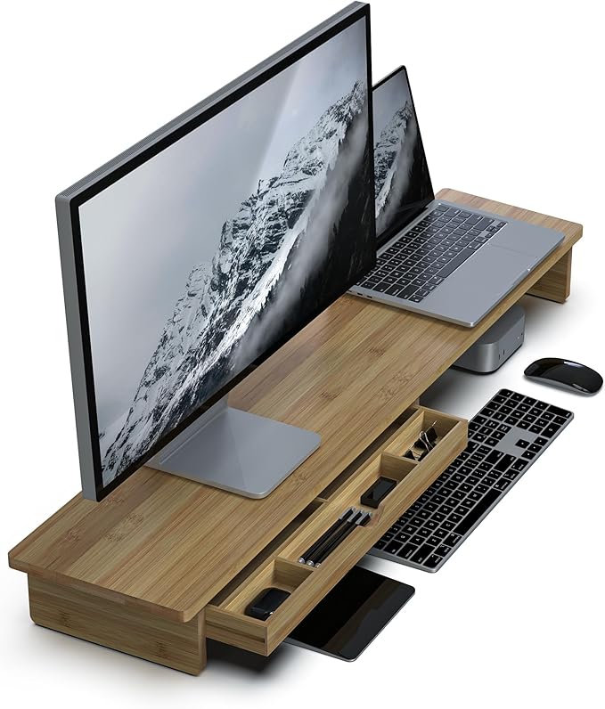 Bamboo Monitor Stand with Large Storage Drawer, 42 Inch Ergonomic Computer Riser for Desk, Screen Shelf with 5 Compartments for Keyboard & Stationery Organization Keyboard Storage,Dark Bamboo
