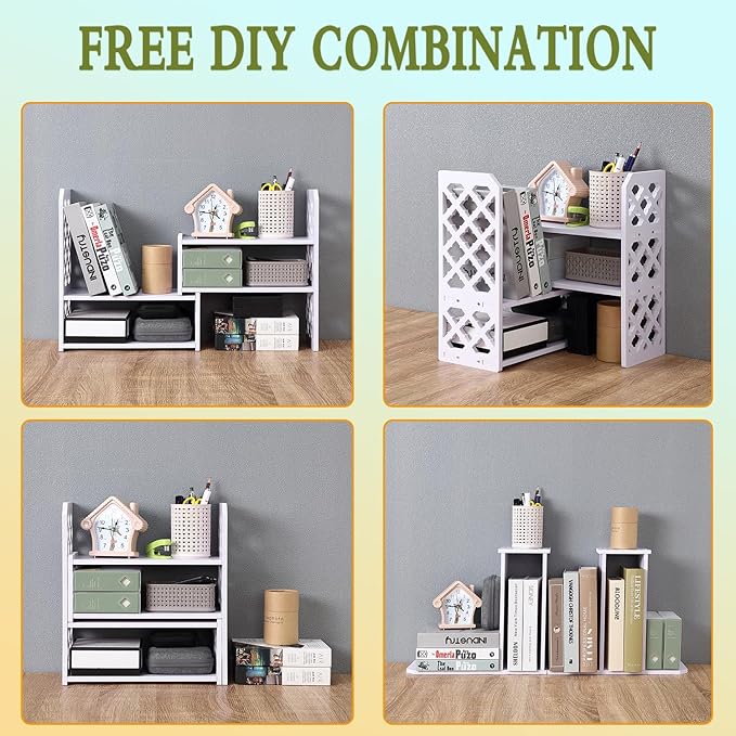 Felmis Desktop Organizers Shelves for Office Desk, Small Bookshelf for Desktop Storage, PVC Adjustable Display Shelf, Makeup Shelf for Dorm, Home Decor