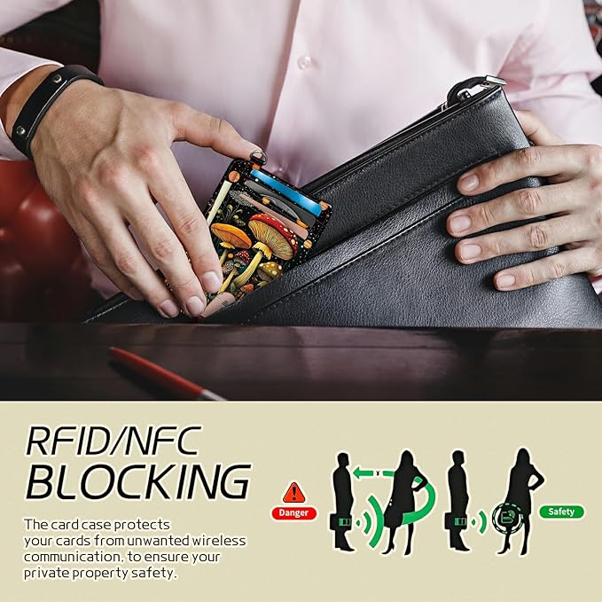Small Travel Wallets, Magic Colorful Mushrooms Slim Minimalist Front Pocket Wallet with Wristlet, RFID Blocking PU Leather Credit Card Holder with ID Window Change Purse for Men Women