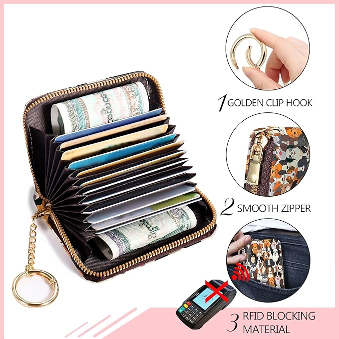 Blusabaca RFID Credit Card Holder Wallets for Women, Small Dog Puppy Card Case Wallet with Keychain and Zipper, Leather Card Holder Pocket Business Card Accordion Wallet