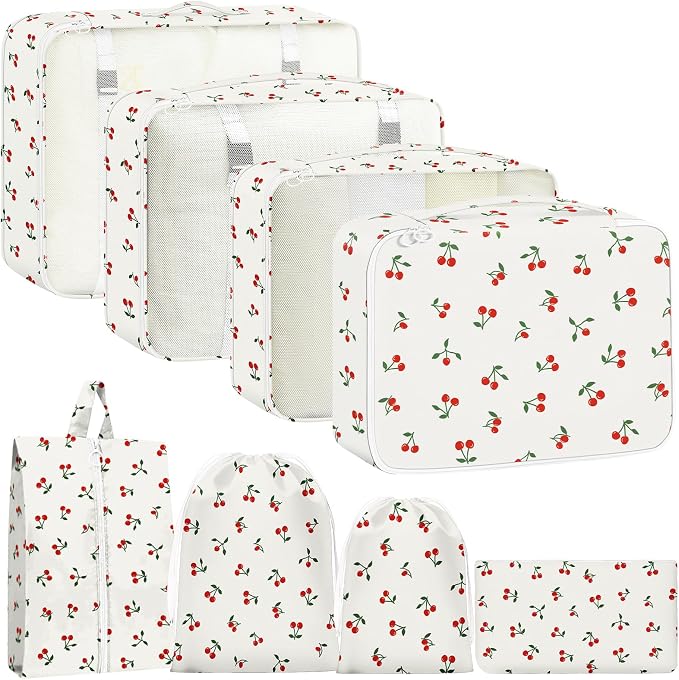 Packing Cubes for Travel - 8 Set Luggage Organizer Bags for Family, Mesh Breathable Packing Cubes for Suitcases Durable Travel Essentials Bags Set (White Cherry)