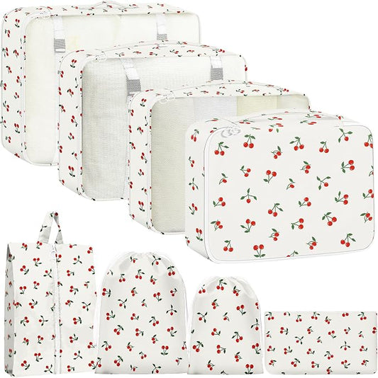 Packing Cubes for Travel - 8 Set Luggage Organizer Bags for Family, Mesh Breathable Packing Cubes for Suitcases Durable Travel Essentials Bags Set (White Cherry)