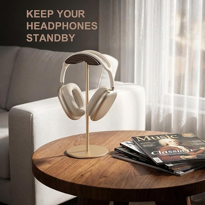 Headphone Stand, Walnut Wood & Aluminum Headset Stand, Nature Walnut Gaming Headset Holder with Solid Heavy Base for All Headphone Sizes (Gold)