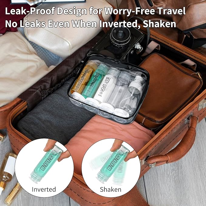 Cosywell Travel Bottles for Toiletries 10PCS 100ml Pre-Printed Shampoo, Conditioner & Body Wash TSA Approved 2oz Travel Spray Bottle Leakproof 0.35oz Plastic Cream Jars Refillable Cream Lotion(Clear)
