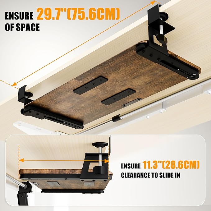 ERGOMAKER Keyboard Tray Under Desk, Pull Out Keyboard Tray with C Clamp Mount, 25.6" (29.7" Including Clamps) x 11.8" Slide-Out Platform Computer Drawer for Typing, Keyboard & Mouse Tray, Rustic Brown