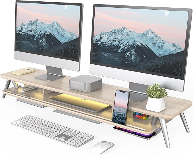 Fenge Dual Monitor Stand, Monitor Stands Riser for 2 Monitors, 42.5 Inch Monitor Stands Shelf with 12 Color LED Light for Office Desk