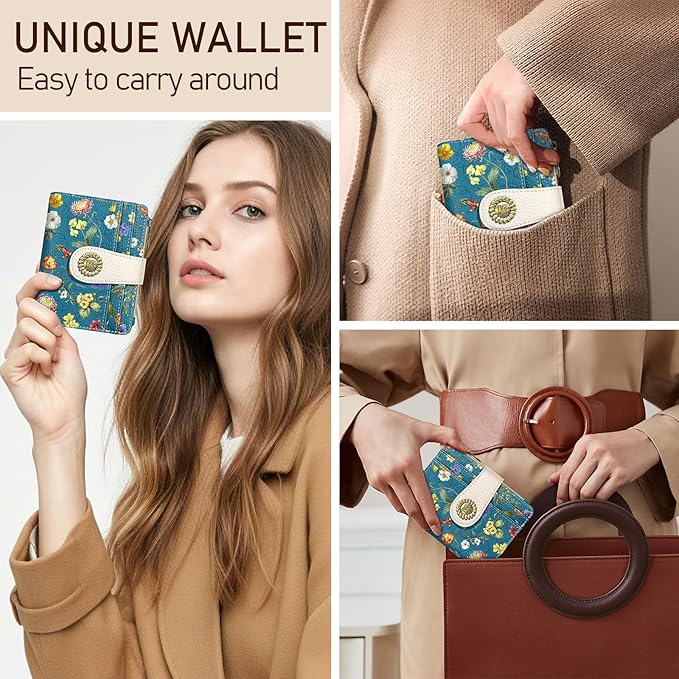 Kelvoris Blue Vibrant Floral Small Rfid Women Wallet Bifold Zipper Coin Pocket PU Leather Compact Cash Credit Card Holder Travel Wallet for Female Ladies Teen Girls 1 ID Window 10 Card Slots
