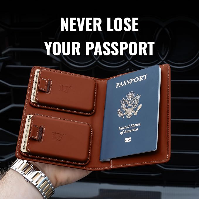 Kings Loot Passport Holder Wallet – RFID Blocking Leather Travel Wallet with Built-in Airtag Holder – Holds 1-6 Cards & Passport – Easy Pull Tab – Slim & Stylish Wallets (Auburn)