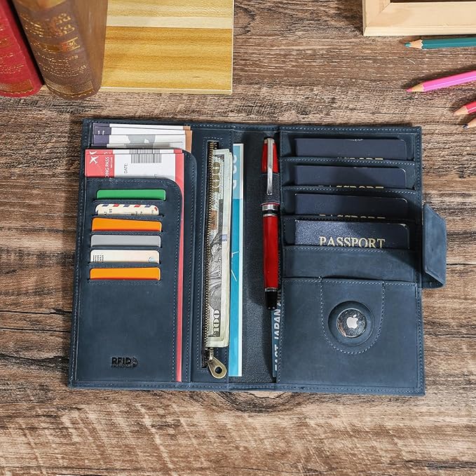 CONTACTS Full Grain Leather Family Passport Holder for 4 RFID Blocking Passport Wallet Compatible with Airtag Passport Cover with 4 Passport Slot, 6 Card Slot (Blue)
