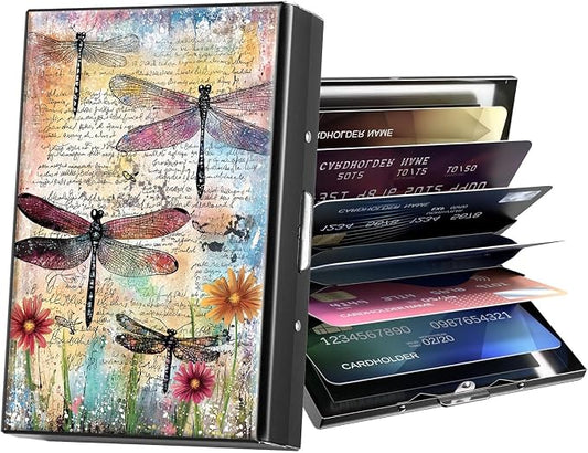 Metal Wallet,Credit Card Holder for Women Men,RFID Blocking Card Holder Wallet Mini Slim Aluminum Wallet ID Case Hard Card Case Business Card Holder Case,Art Dragonfly Floral