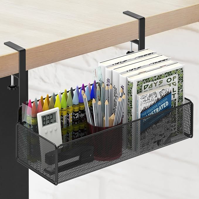 Office Under Desk Organizer Storage, Metal 3-IN-1 Clamp On Desk Side and Desktop File Document Magazine Organization Wall Hanging Bin Holder Office Supplies For Home School Essentials