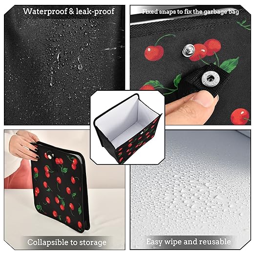 Cherry Black Car Trash Can, Foldable Hanging Car Trash Bag, Watercolor Fruit Leaves Small Waterproof Car Accessories Garbage Bin