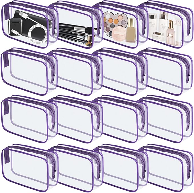 YedsIntu 16 Pieces Clear Makeup Bag PVC Zippered Clear Toiletry Carry Pouch Portable Cosmetics Bag Waterproof Makeup Bag Vinyl Plastic Organizer Case for Travel Vacation Bathroom (Purple-M)