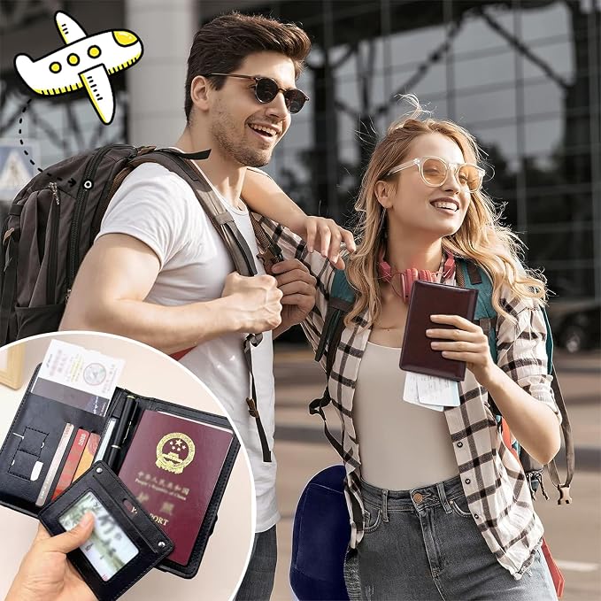 Passport Holder for Travel ，with 2 Luggage Tags,RFID blocking Passport Cover Wallet for Women Men, Waterproof PU Leather passport Book Card Holder Case Organizer Travel Essentials (Black)