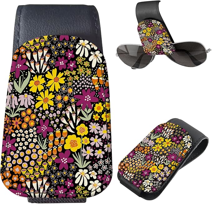 LKKDPS Sunglasses Holder for Car Visor, PU Leather Glasses Clip Organizer, Cute Magnetic Eyeglass Holder for Vehicle Sun Visor, Car Interior Accessory for Women & Men Wildflower Doodle Garden