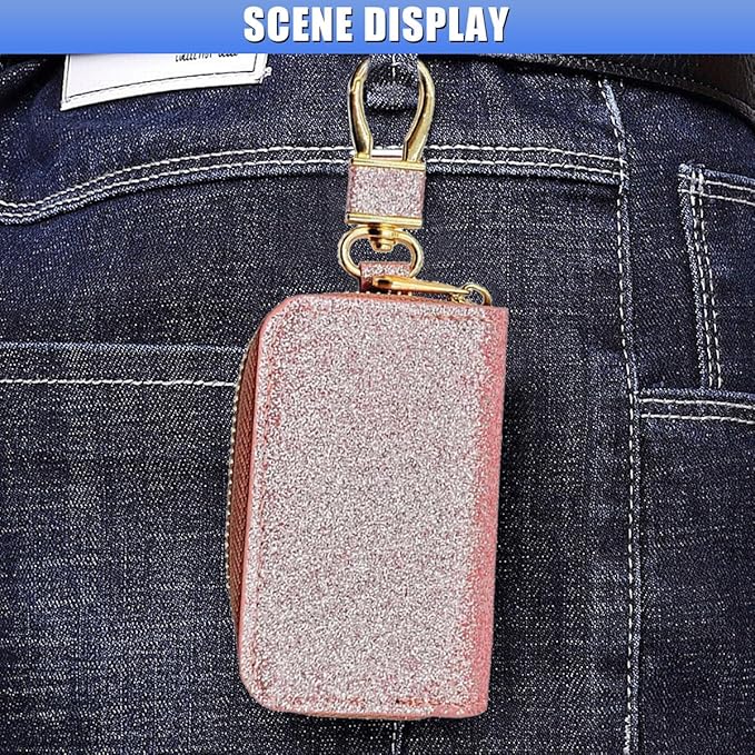Bling Car Key Case, Leather Keyring Zipper Bag with Metal Hook, Remote Key Fob Cover, Auto Keychain Holder (Rose Gold)