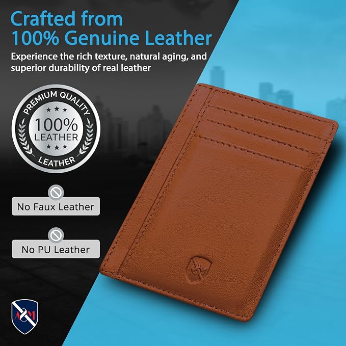 ALLEN & MATE 100% Genuine Leather Slim Minimalist wallet RFID Blocking Card Holder Wallets for Men & Women - Holds 7 Cards, ID & Cash with Gift Box (Tan)