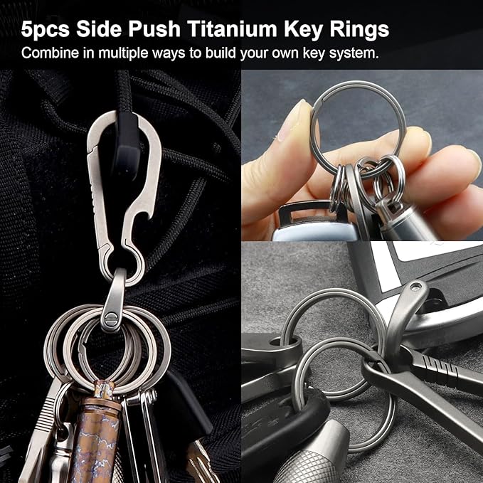 PJYTAC Titanium Keychain Rings Heavy Duty Side Push Key Rings for Car Keys Easy Quick Release EDC Split Keyrings