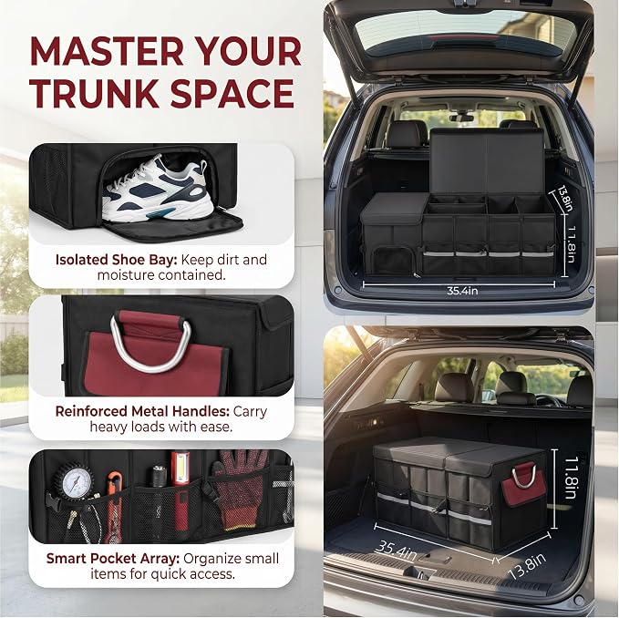 J&J Car Trunk Organizer 112L & Collapsible Cooler Bag 31.5L, 1680D Premium Durable Adjustable Storage for Road Trip Essentials, Car Accessories for Men & Women, SUV, Truck (Extra Large)