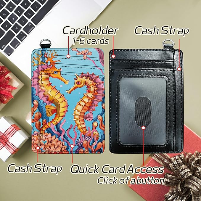 Small Travel Wallets, Seahorse Slim Minimalist Front Pocket Wallet with Wristlet, RFID Blocking PU Leather Credit Card Holder with ID Window Change Purse for Men Women