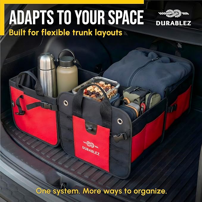 XL Trunk Organizer 3-Section Modular – Extra Large Car Storage for Groceries & Travel Gear, Multi-Compartment Foldable Cargo Bin – Red