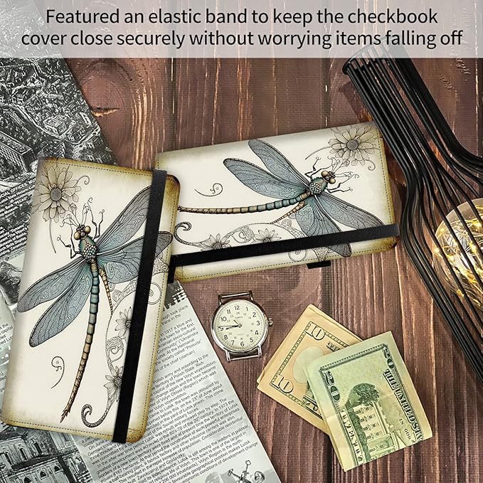 FUYOCWE Leather Checkbook Covers for Men Women Check book Holder Cover Wallets for Personal Checkbook Duplicate Checks with RFID Blocking & Elastic Strap-Dragonfly Drawing