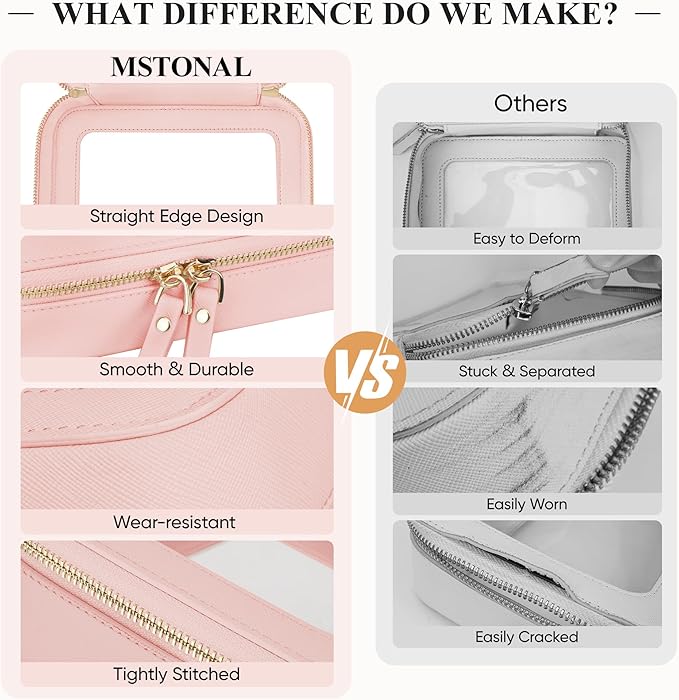 Clear Makeup Bag, Travel Toiletry Bag Cosmetic Case for Women, Waterproof Portable Make Up Skincare Pouch with Zipper, Compact Car Organizer Bag for Essentials, Mini & Medium, Pink