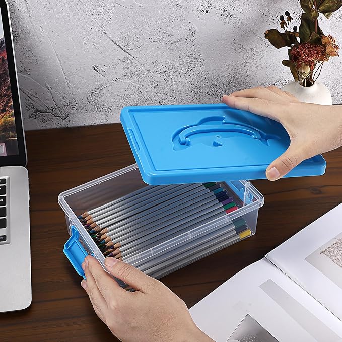 BTSKY 1-Pack Clear Plastic Storage Box with Lid, Stackable Organizer Featuring Easy-Lift Dolphin Design, Multi-Use Portable Container for Home, Craft, Office, Space-Saving with Secure-Clasp, Blue