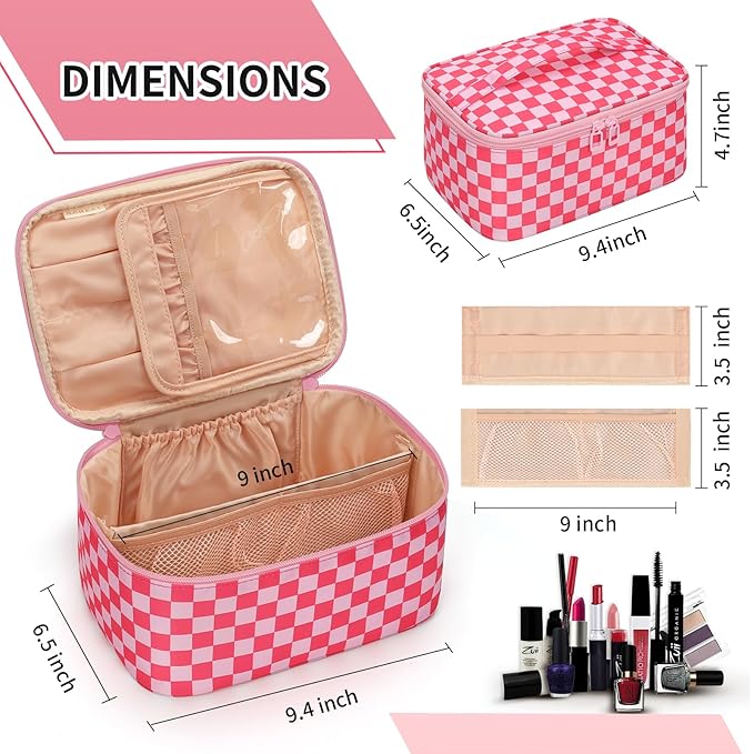 OCHEAL Makeup Bag Portable Cosmetic Bag For Women, Large Capacity Travel Makeup Case Organizer, Toiletry Bag for Girls Traveling With Handle and Divider-Pink
