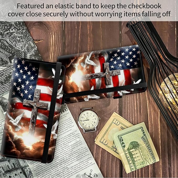 FUYOCWE Checkbook Covers for Personal Checkbook,Leather Checkbook Cover for Business/Personal Checks,RFID Blocking Check Book Cover Holder Wallets for Men Women-American Flag with Cross Dove