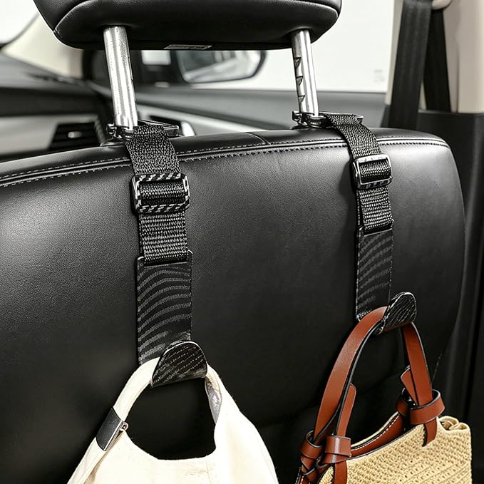Amooca Headrest Hooks for Car Adjustable 4 Pack Vehicle Seat Back Organizer Storage Hanger Holder for Purse Bags Universal Fit with Clip Black Carbon Fiber