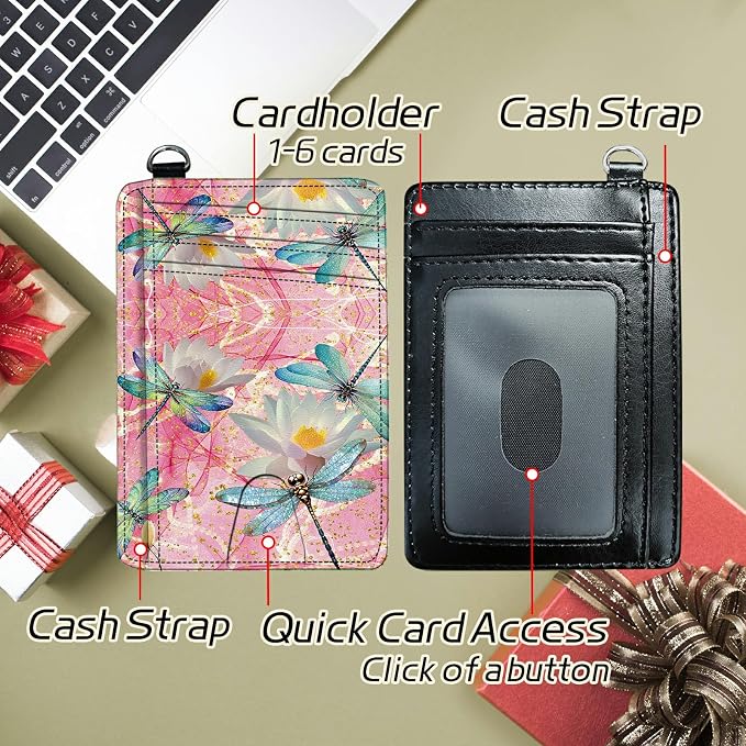 Small Travel Wallets, Pink Dragonfly Slim Minimalist Front Pocket Wallet with Wristlet, RFID Blocking PU Leather Credit Card Holder with ID Window Change Purse for Men Women