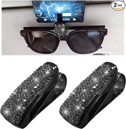 Dickno 2 PCS Bling Sunglasses Holder for Car Sun Visor, Crystal Rhinestones Eyeglasses Hanger Mount with Ticket Card Clip, Universal Vehicle Visor Decor Accessories for Women (Gray)