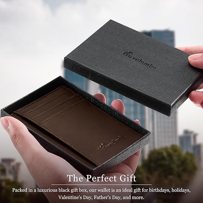 Travelambo 100% Genuine Leather Wallet for Men and Women, Slim Minimalist RFID Blocking Front Pocket Credit Card Holder with Gift Box