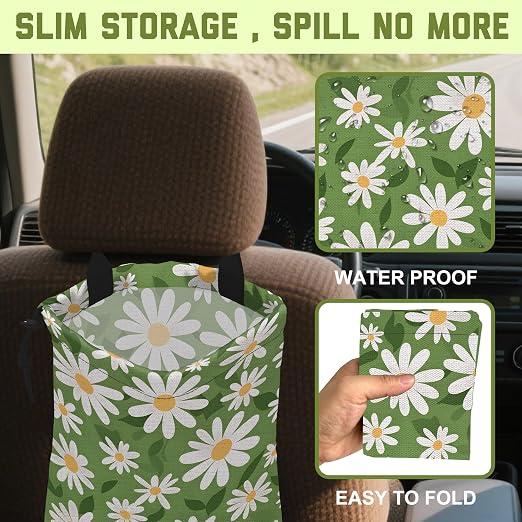 Car Garbage Bag Green Daisy Floral Drawstring Car Trash Bag Hanging for Back Seat with Adjustable Buckle Canvas Vehicle Trash Can Easy-to-Install for Car Accessories Vehicle Travelling Camping
