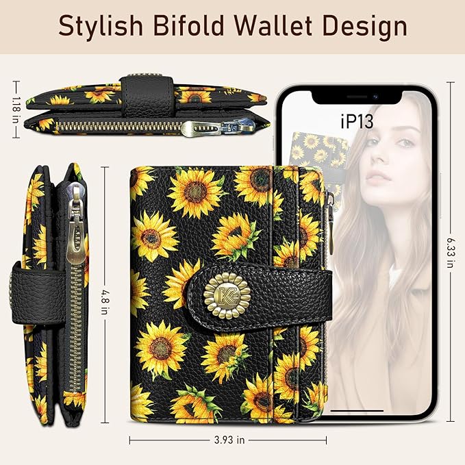 Kelvoris Sunflower Small Rfid Women Wallet Bifold Zipper Coin Pocket PU Leather Compact Cash Credit Card Holder Travel Wallet for Female Ladies Teen Girls 1 ID Window 10 Card Slots