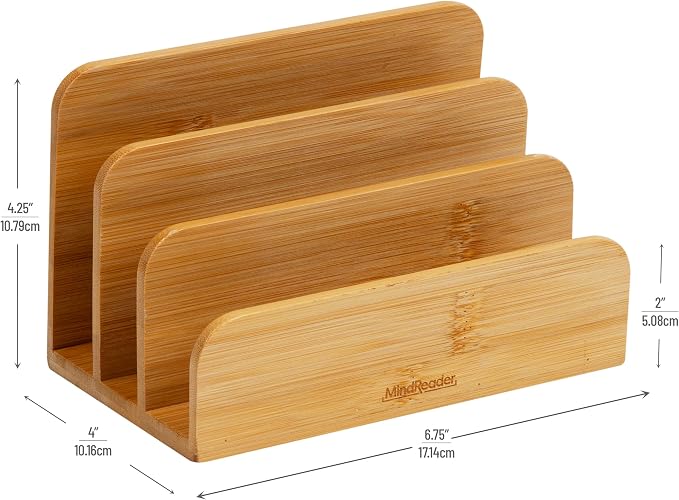Mind Reader 3-Tier Mail Sorter, Desktop Organizer, Mail Organizer, Modern, Office, Bamboo, 6.75"L x 4"W x 4.25"H, Brown