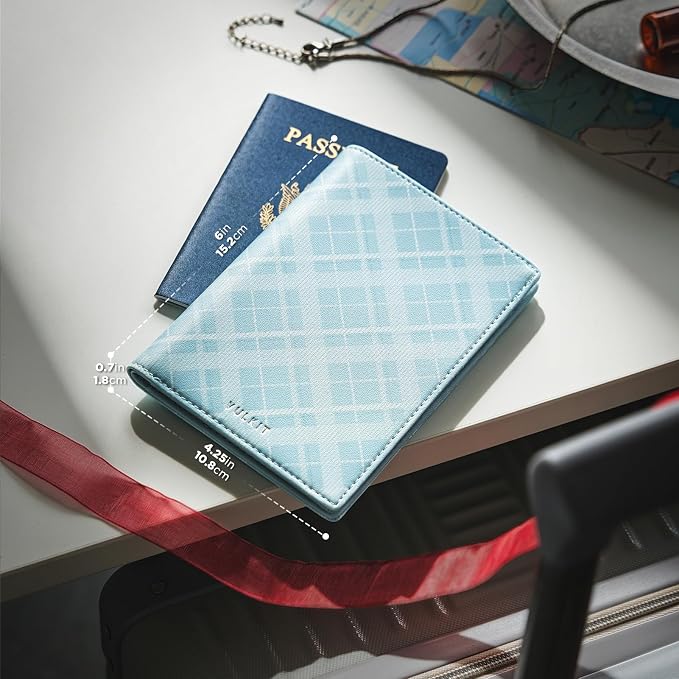 VULKIT Cute Passport Cover for Women, RFID Blocking Slim Passport Book Holder, Leather Travel Passport Wallet with Magnetic Closure Blue