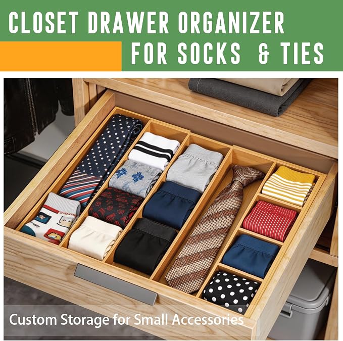 Bamboo Expandable Drawer Organizer with Removable Dividers, 15"-22" Adjustable Tray for Kitchen Utensils, Makeup & Office Storage