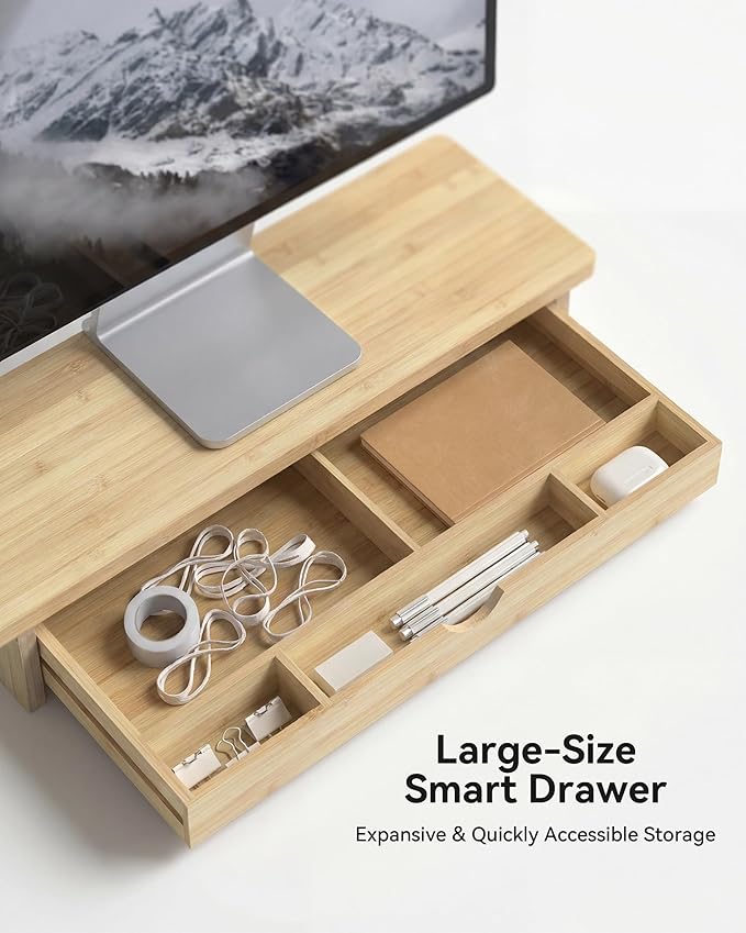 Bamboo Monitor Stand with Large Storage Drawer,23 Inch Ergonomic Computer Riser for Desk, Holds Up to 220lbs, Screen Shelf with 5 Compartments for Keyboard & Stationery Organization