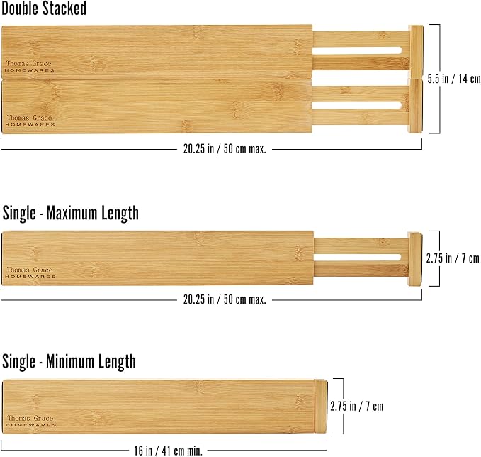 Bamboo Kitchen Drawer Organizer Divider Stackable for Deep Drawers. (Set-of- 4) Spring Loaded Dividers that are Expandable & Adjustable. Kitchen Organizer.