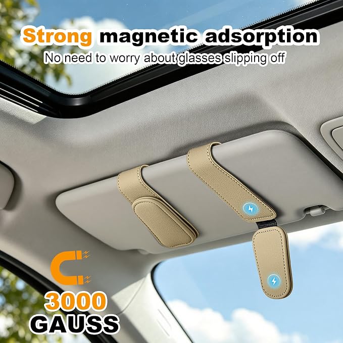 Sunglass Holder for Car Visor Magnetic Leather Visor Sunglasses Clip Eyeglass Hanger Clip for Car Sun Visor Beige 1 Pack
