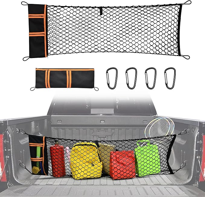 Envelope Style Truck Bed Cargo Net Compatible with GMC Sierra 1500 & Chevy Silverado 1500 2013-2024,Highly Elastic Truck Cargo Net for Silverado Accessories, Upgraded Storage Bag & 4.5mm Bungee
