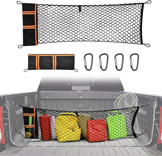 Envelope Style Truck Bed Cargo Net Compatible with GMC Sierra 1500 & Chevy Silverado 1500 2013-2024,Highly Elastic Truck Cargo Net for Silverado Accessories, Upgraded Storage Bag & 4.5mm Bungee