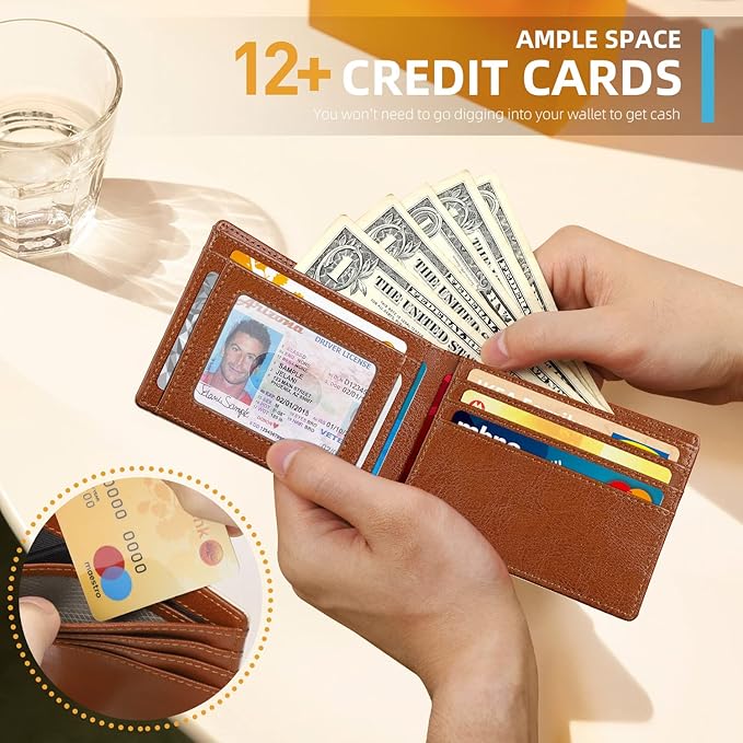 RUNBOX Wallet for Men Slim 11 Credit Card Holder Slots Leather RFID Blocking Small Thin Men's Wallet Bifold Minimalist Front Pocket Large Capacity Gift Box